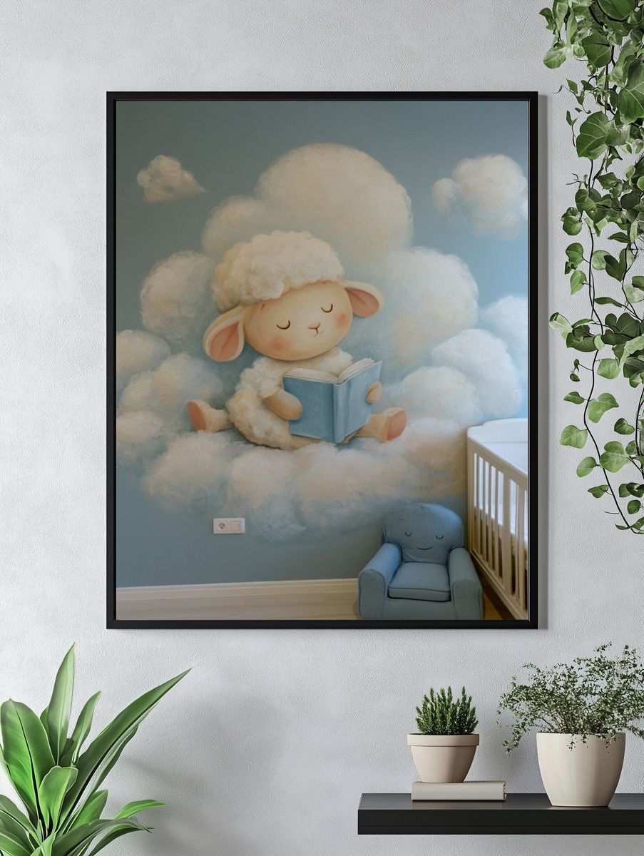 Sleeping Lamb Cloud Nursery Poster. — room view 4