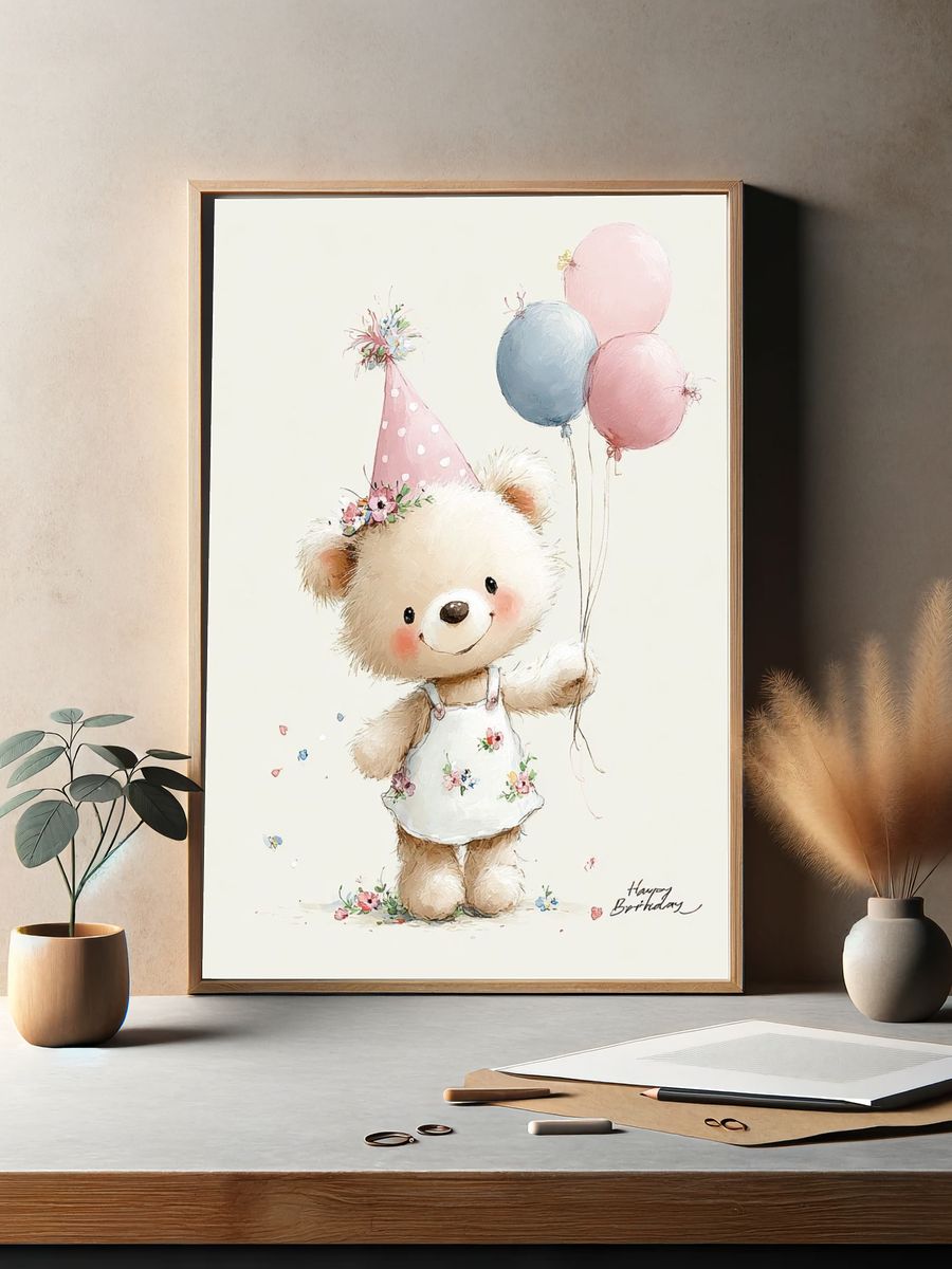 Cute Birthday Bear Illustration Poster. — room view 2