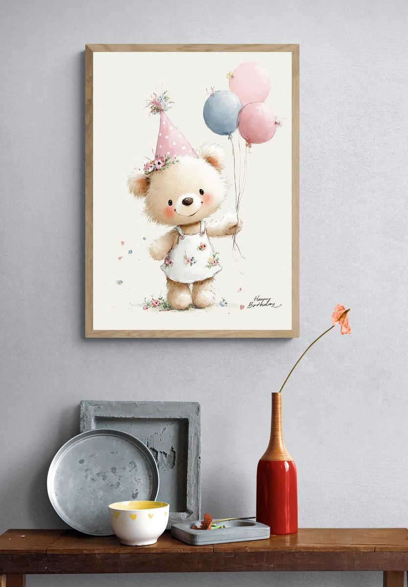 Cute Birthday Bear Illustration Poster. — room view 3
