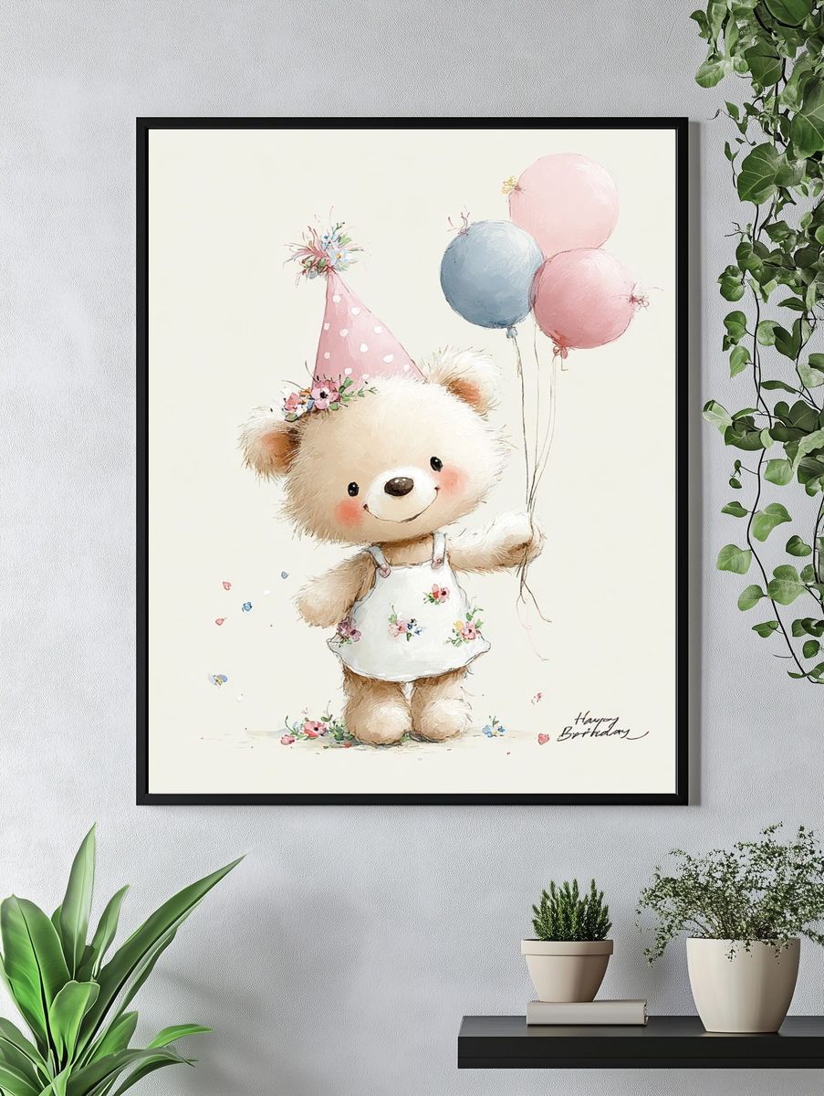 Cute Birthday Bear Illustration Poster. — room view 4