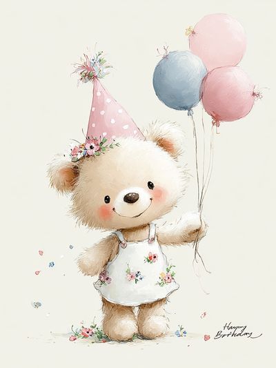 Cute Birthday Bear Illustration Poster