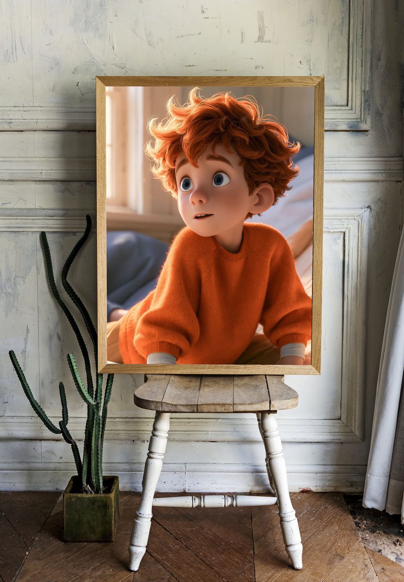 Curious Red-Haired Boy Portrait Print. room preview