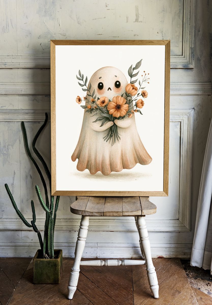 Ghost with Flowers Illustration Poster. — room view 1