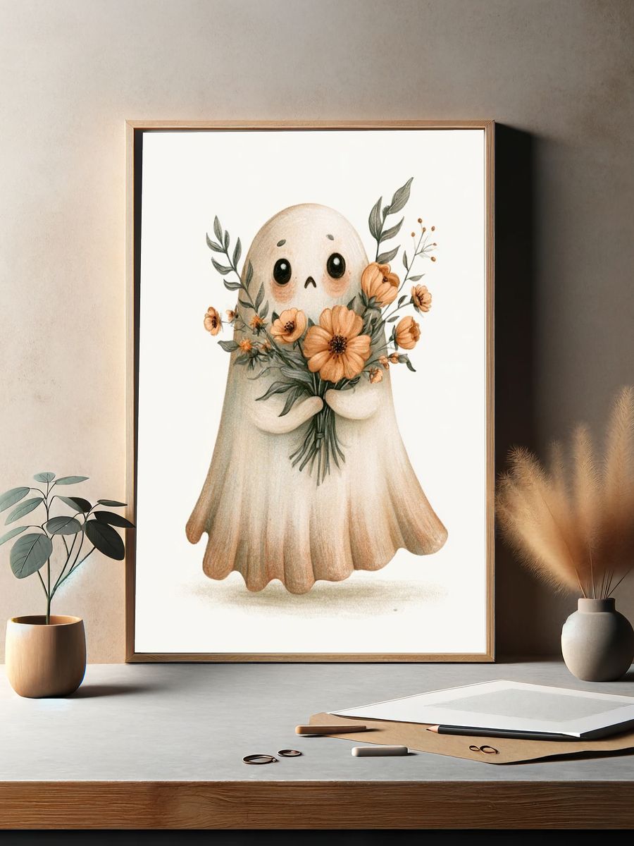 Ghost with Flowers Illustration Poster. — room view 2
