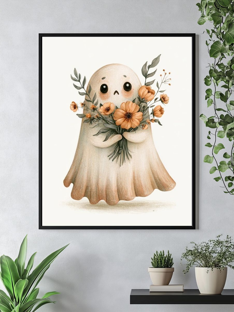 Ghost with Flowers Illustration Poster. — room view 4