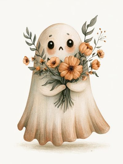 Ghost with Flowers Illustration Poster.