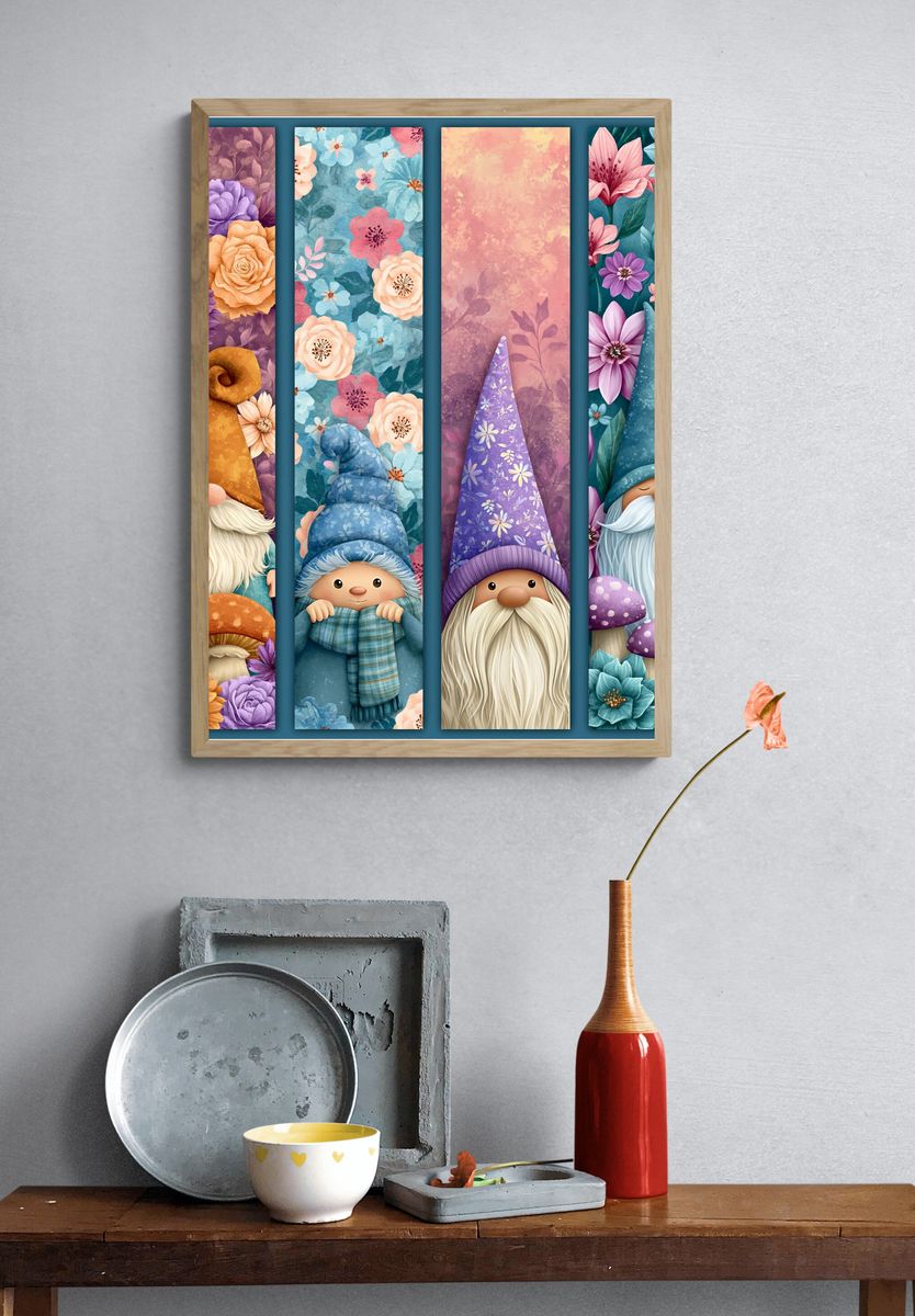 Whimsical Garden Gnomes Illustration Poster. — room view 3