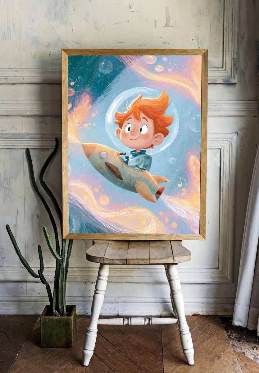 Space Boy Rocket Ride Print. room preview