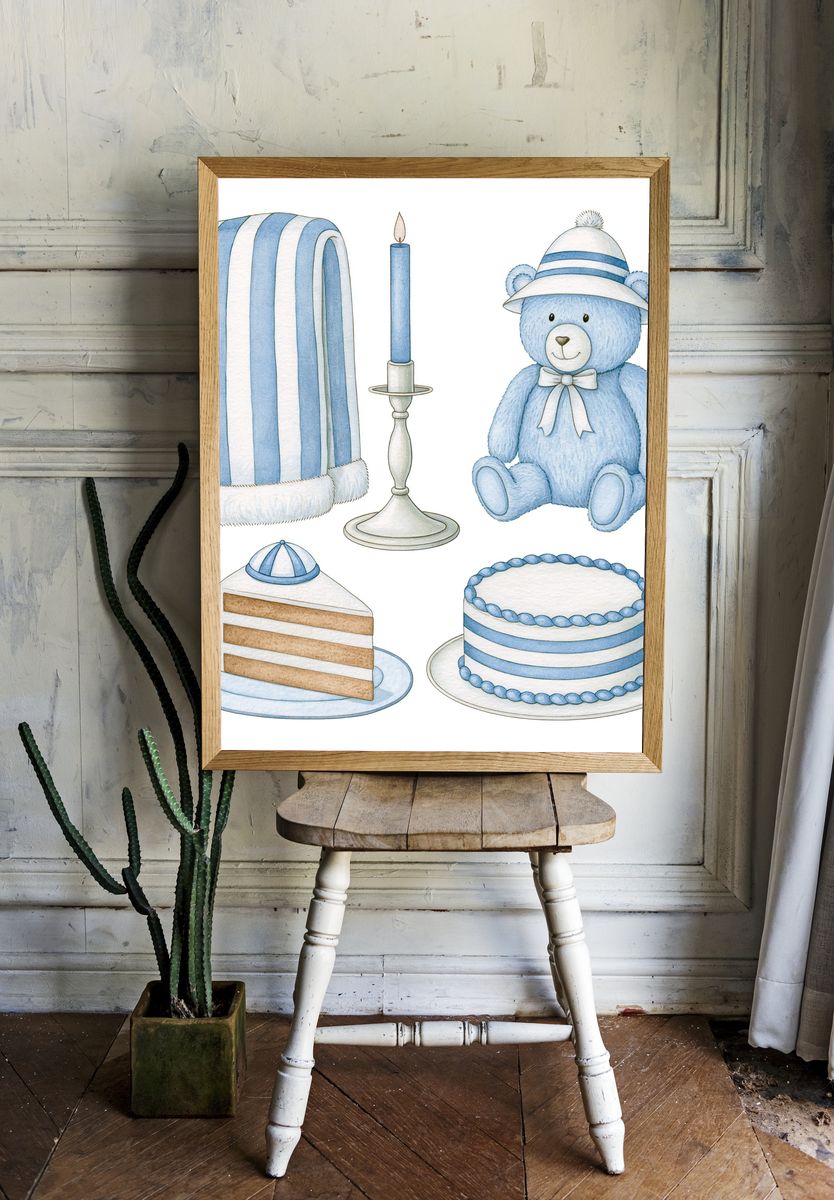 Blue Teddy Nursery Illustration Poster. room preview