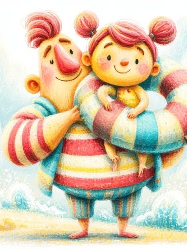 Playful Family Beach Illustration Poster. poster detail