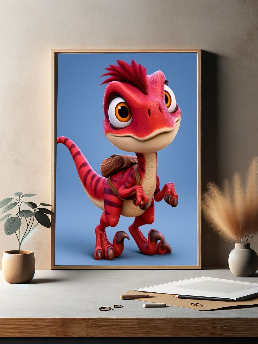 Cute Red Dinosaur Illustration Poster. — room view 2