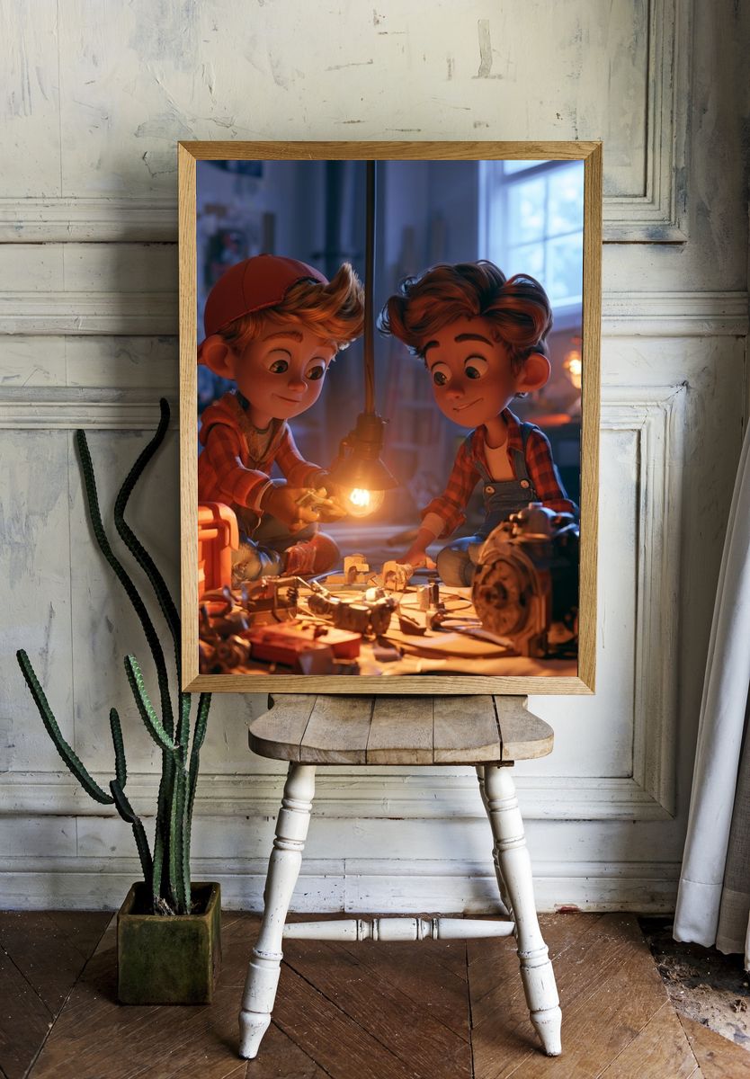 Boy Inventors Workshop Illustration Poster. room preview
