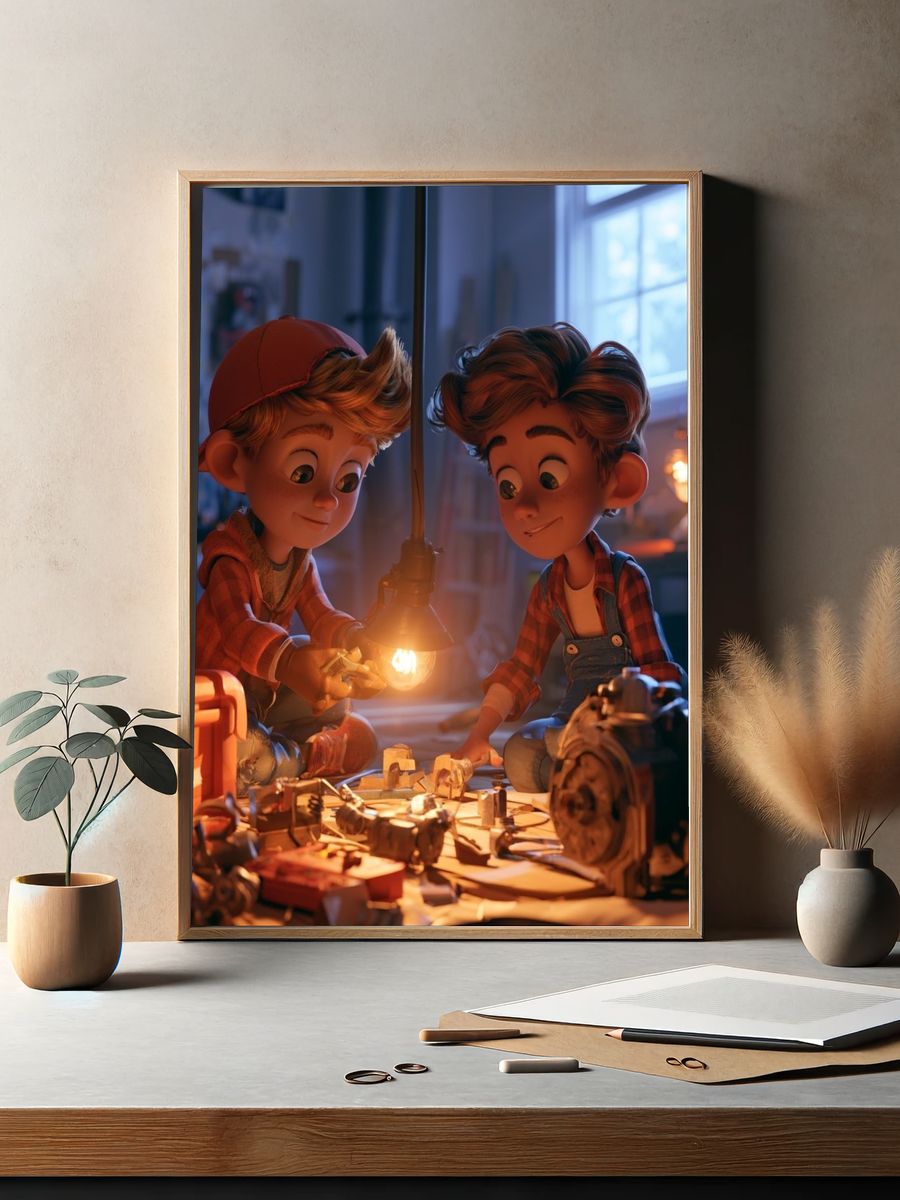 Boy Inventors Workshop Illustration Poster. — room view 2