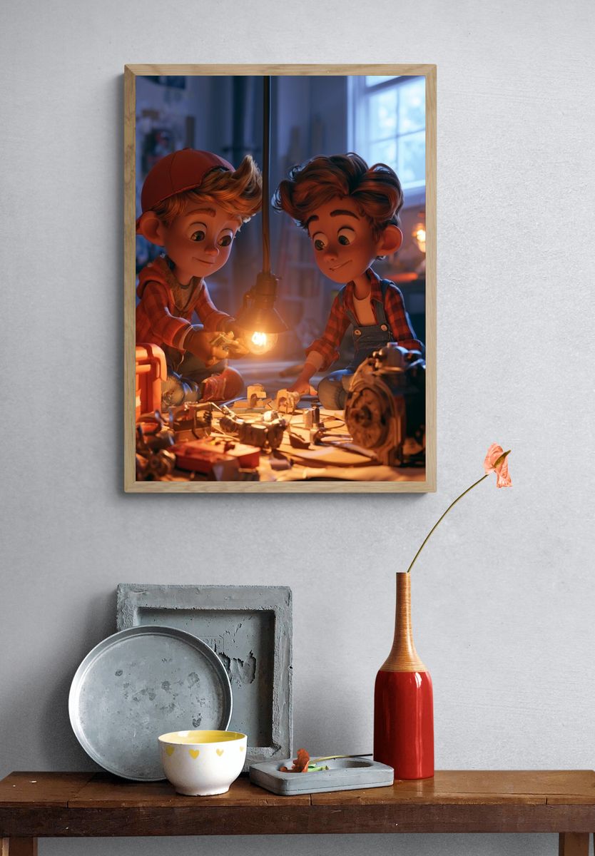 Boy Inventors Workshop Illustration Poster. — room view 3