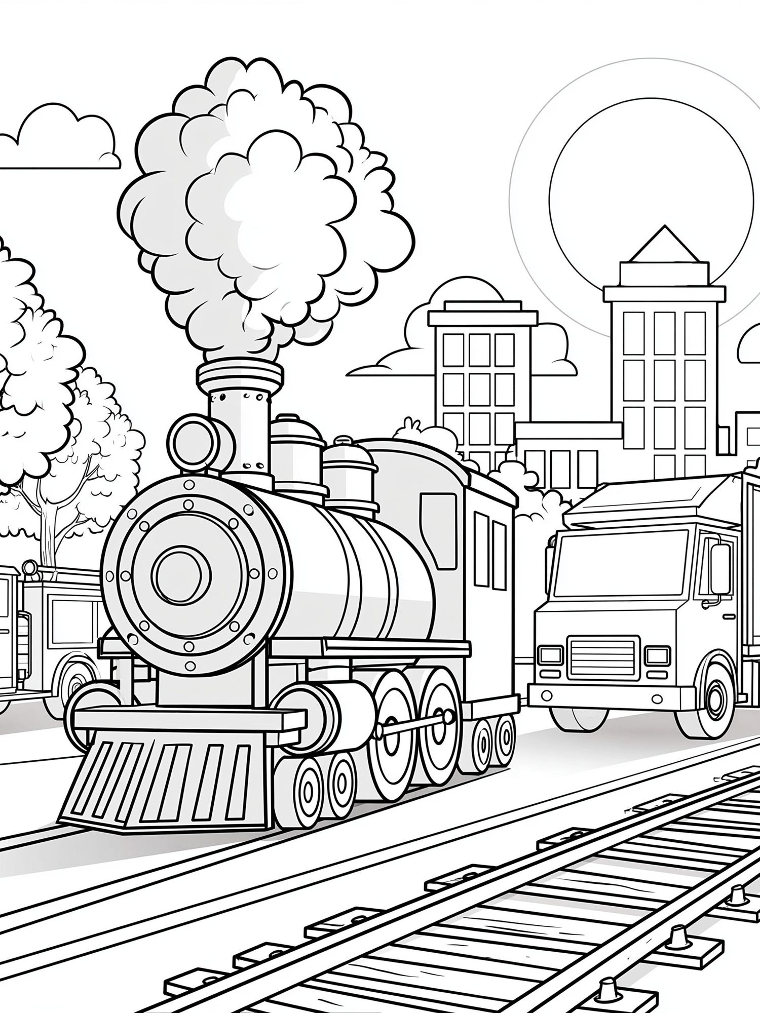 Steam Train Cityscape Coloring Poster. poster detail