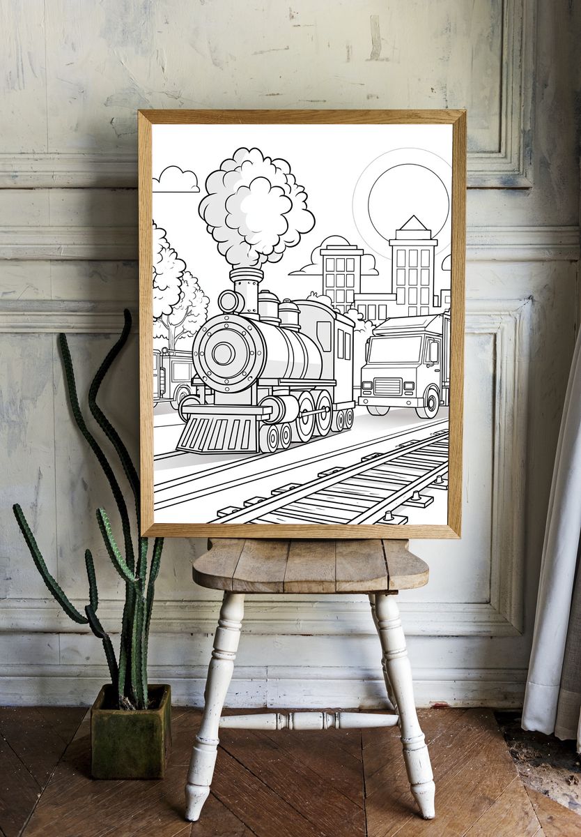 Steam Train Cityscape Coloring Poster. — room view 1