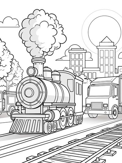 Steam Train Cityscape Coloring Poster.