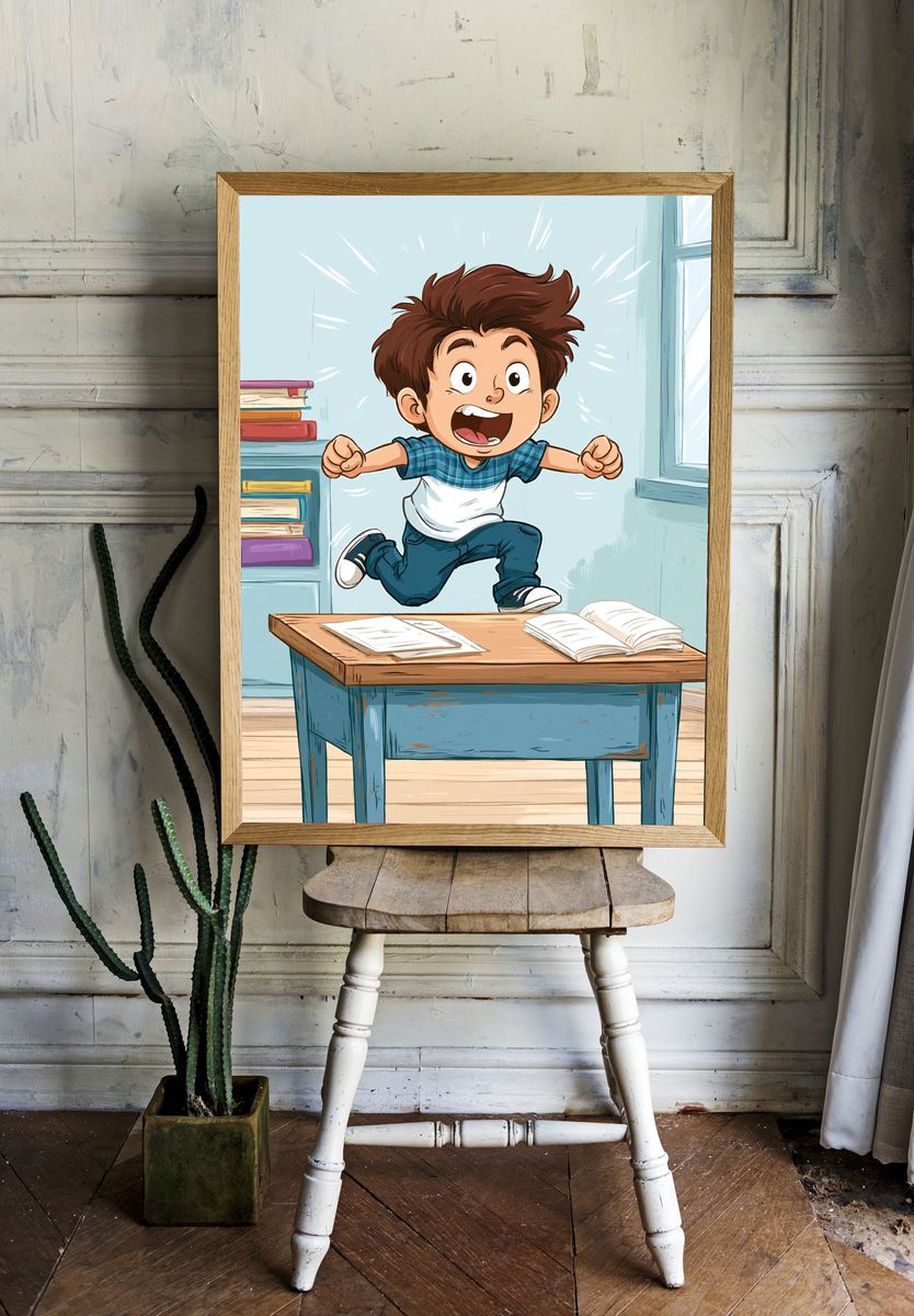Excited Boy Classroom Illustration Poster. — room view 1