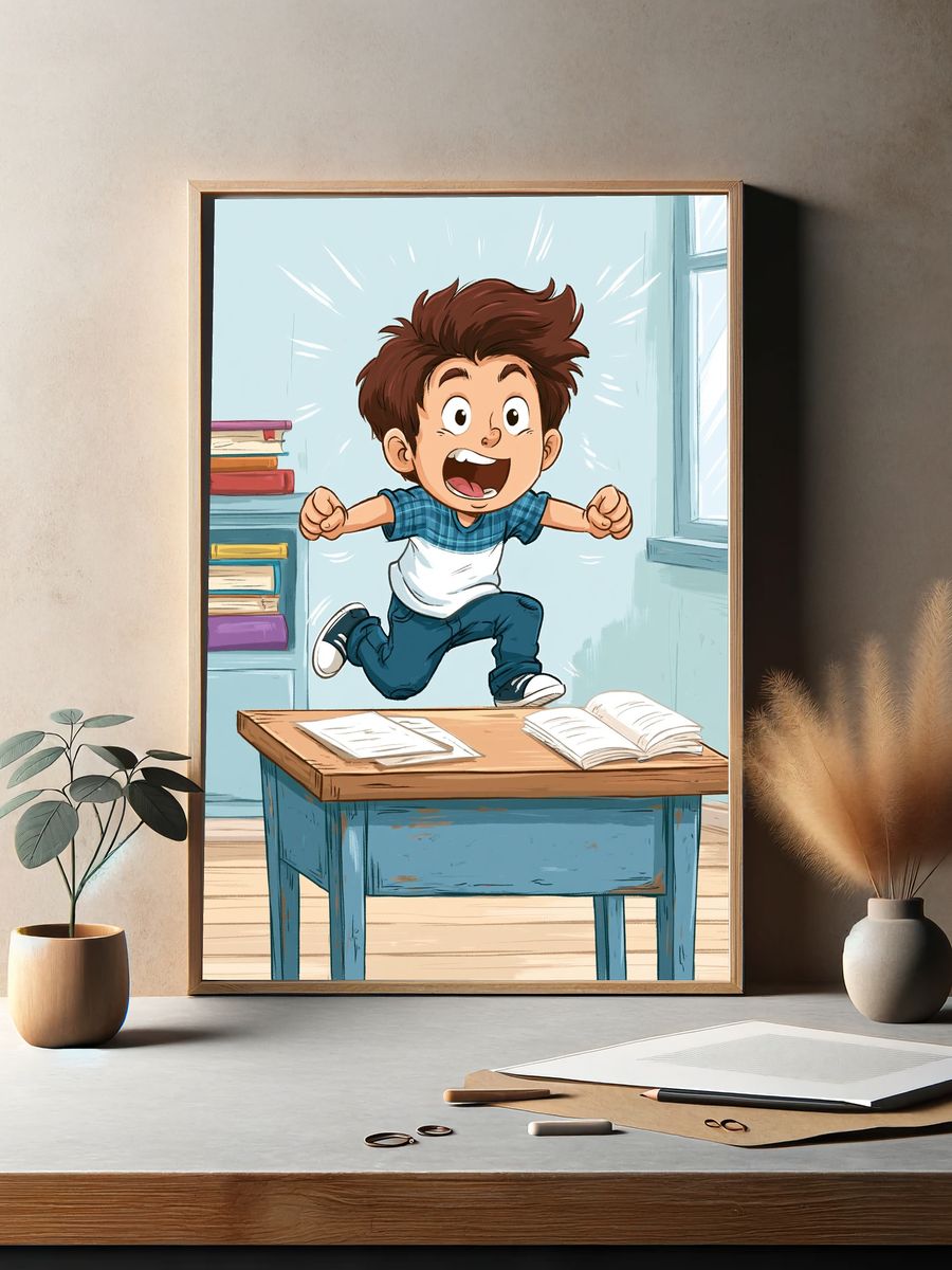 Excited Boy Classroom Illustration Poster. — room view 2
