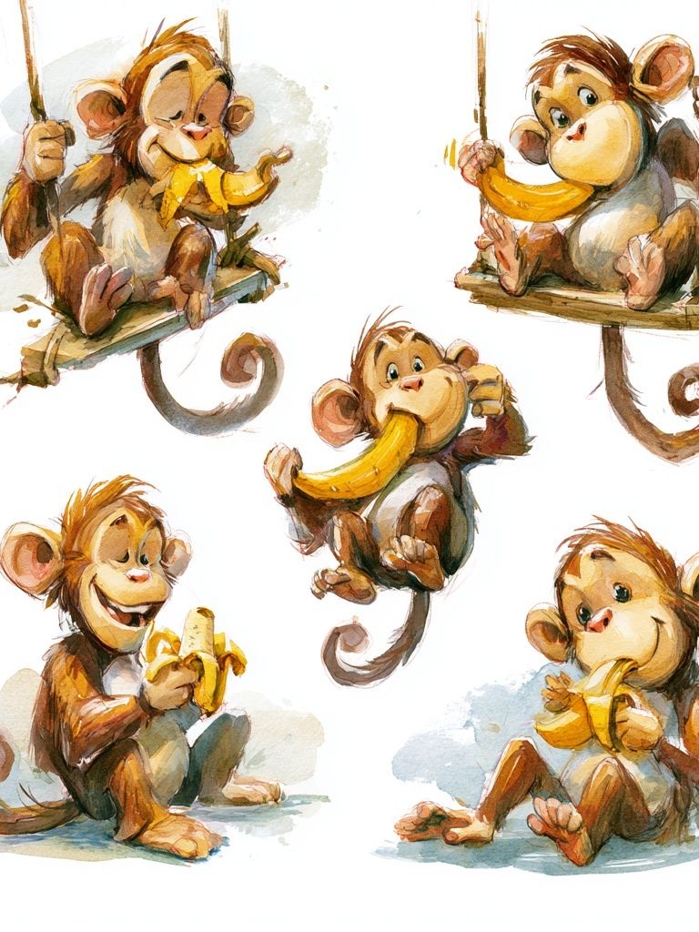 Playful Monkeys Watercolor Poster. poster detail