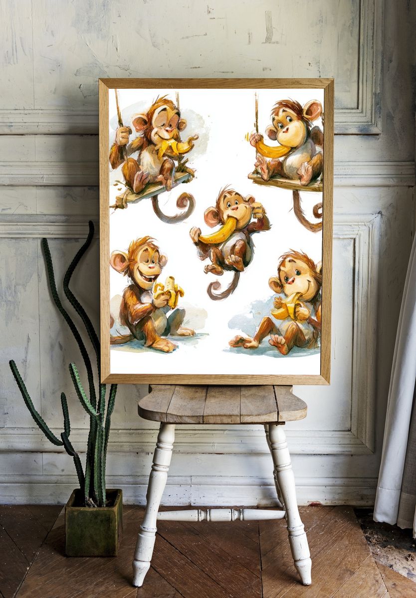 Playful Monkeys Watercolor Poster. — room view 1