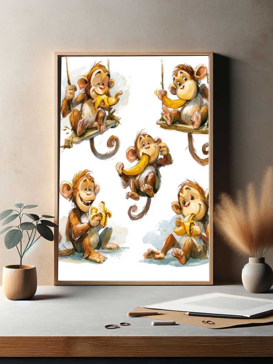 Playful Monkeys Watercolor Poster. — room view 2