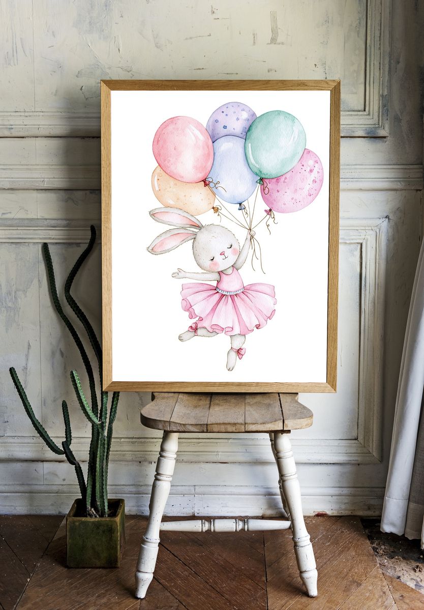 Bunny with Balloons Watercolor Print. room preview