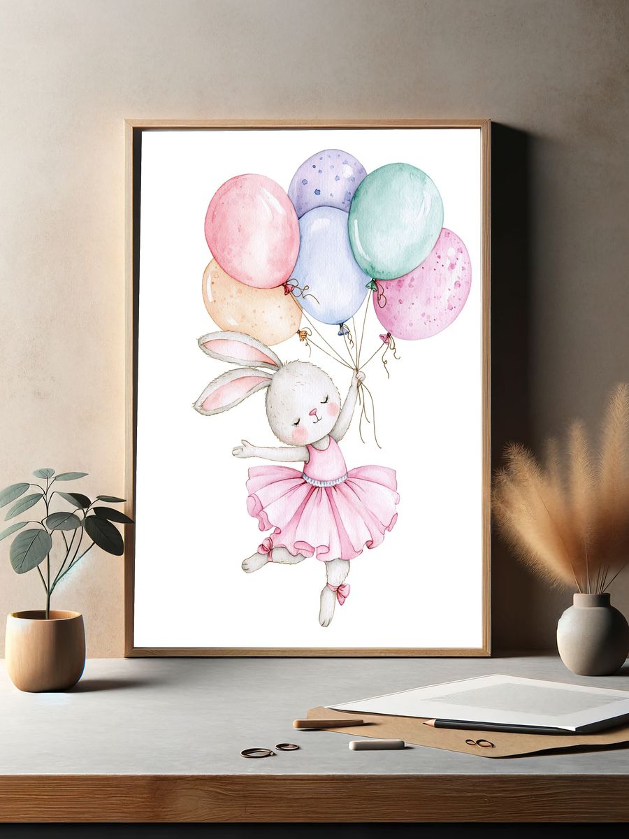 Bunny with Balloons Watercolor Print. — room view 2