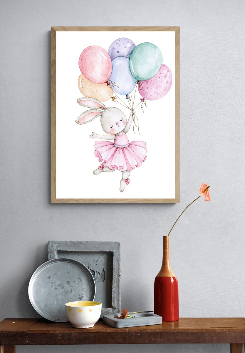 Bunny with Balloons Watercolor Print. — room view 3