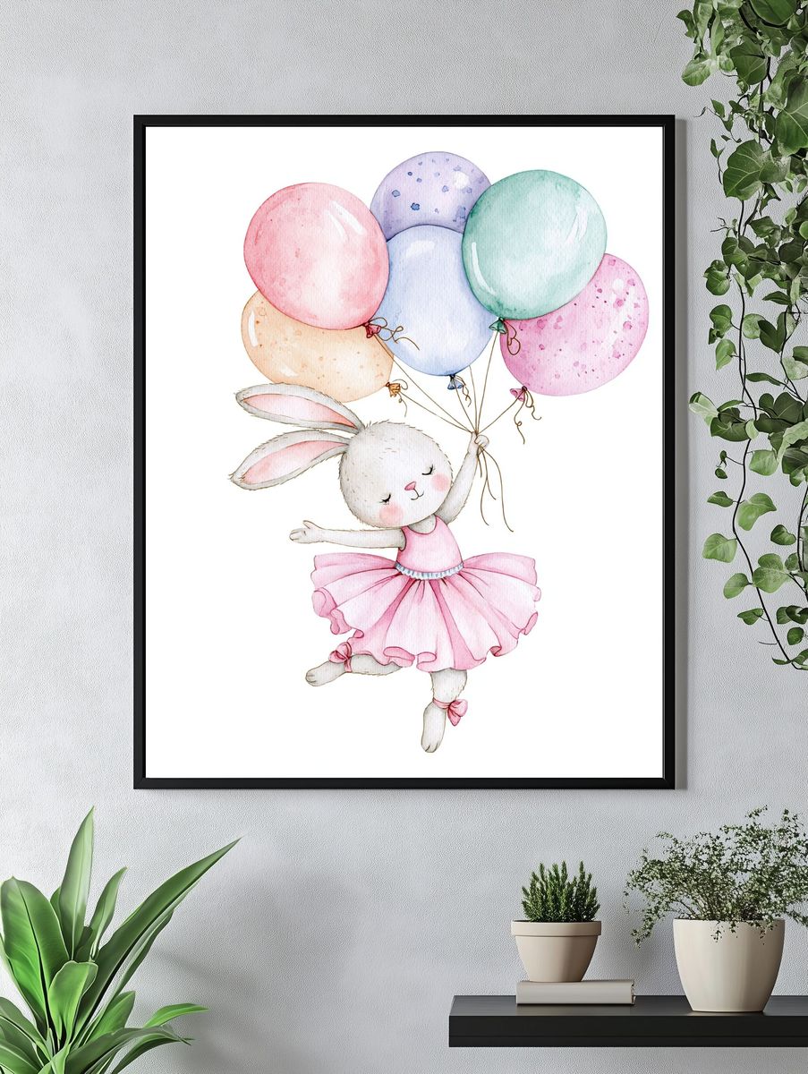 Bunny with Balloons Watercolor Print. — room view 4