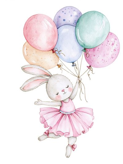 Bunny with Balloons Watercolor Print. poster print