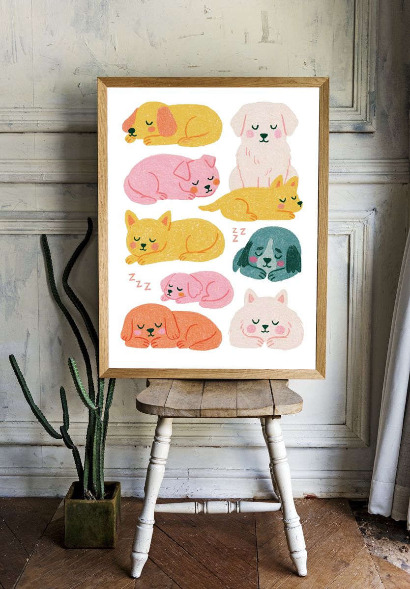 Sleeping Puppies Nursery Print. room preview