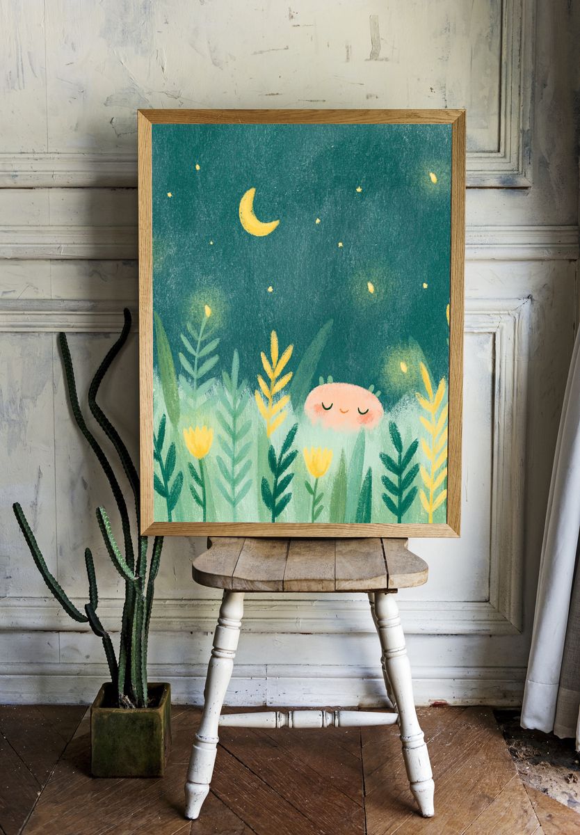 Moonlit Meadow Nursery Print. room preview