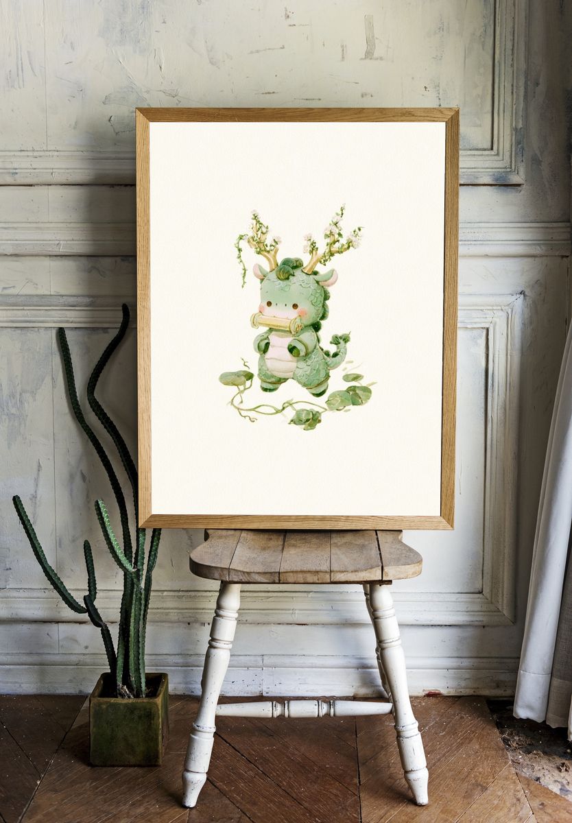Baby Dragon Watercolor Print. room preview
