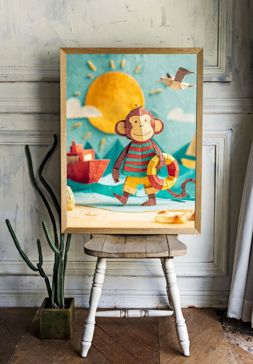 Playful Monkey Beach Scene Poster. — room view 1