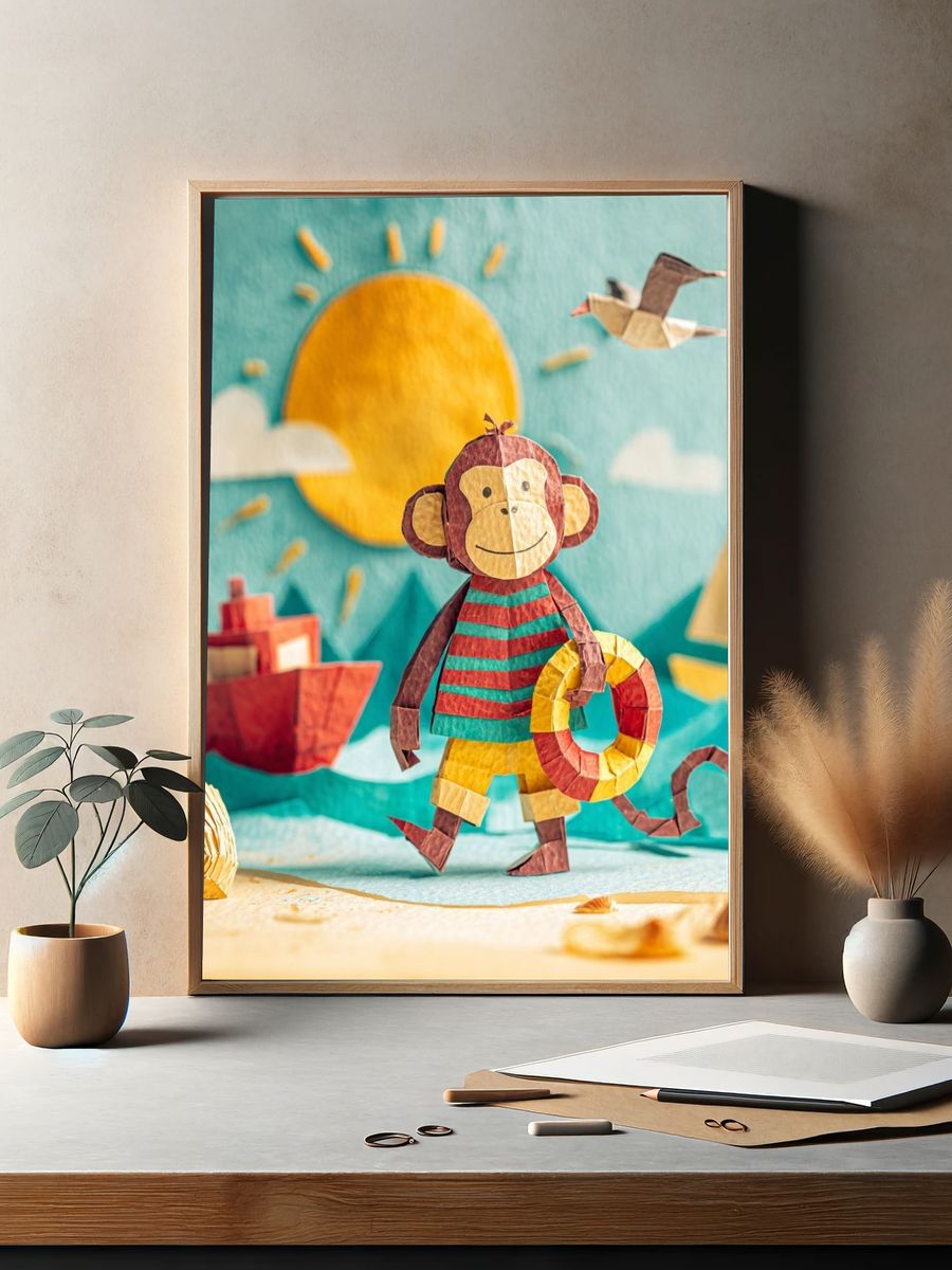 Playful Monkey Beach Scene Poster. — room view 2