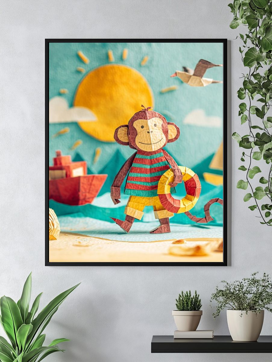 Playful Monkey Beach Scene Poster. — room view 4