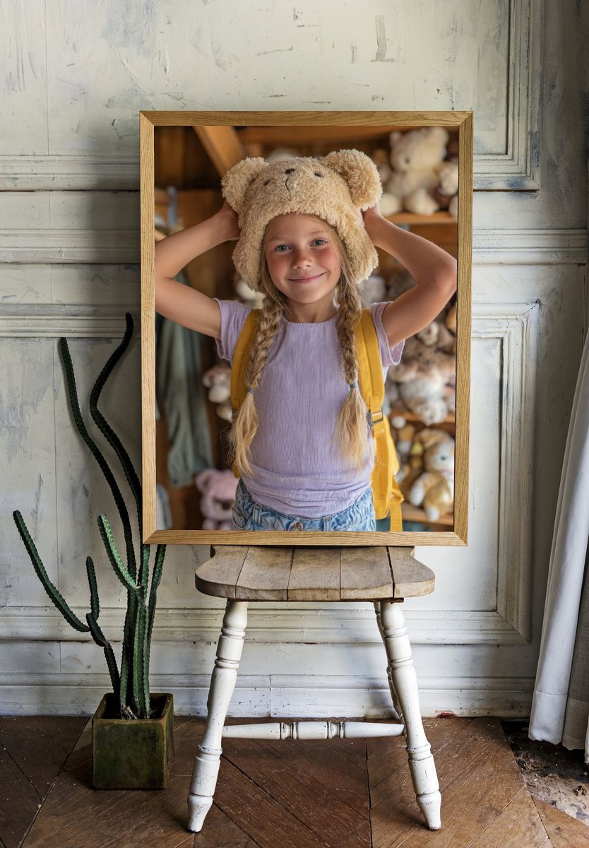 Happy Girl with Teddy Bear Hat — Kids Print. — room view 1