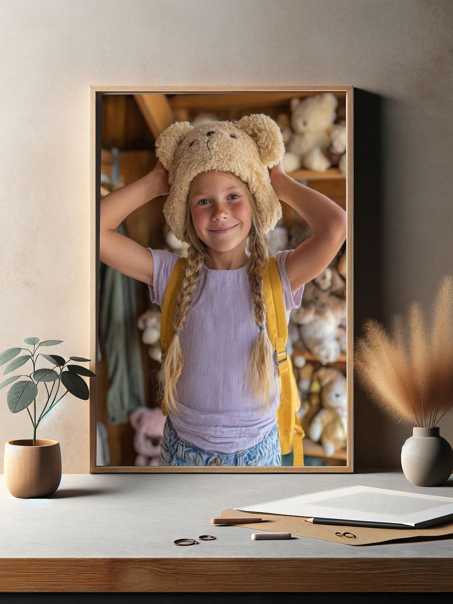 Happy Girl with Teddy Bear Hat — Kids Print. — room view 2
