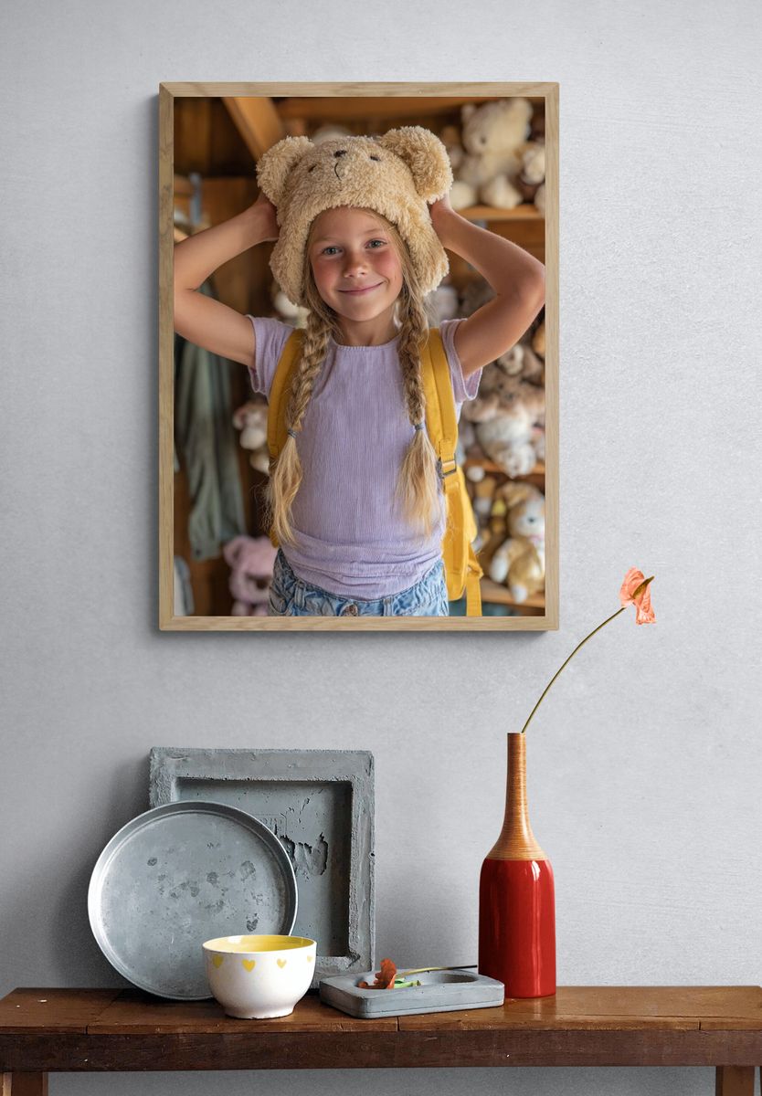 Happy Girl with Teddy Bear Hat — Kids Print. — room view 3