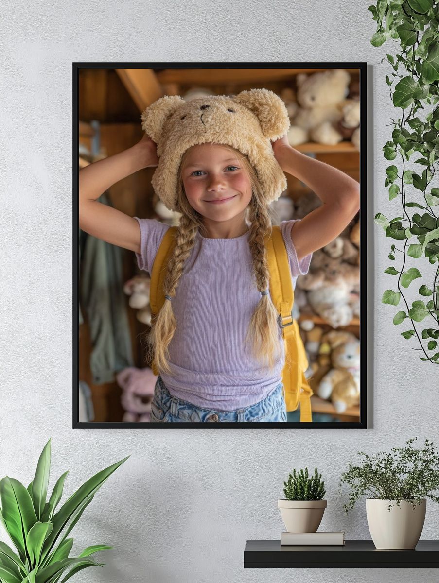 Happy Girl with Teddy Bear Hat — Kids Print. — room view 4