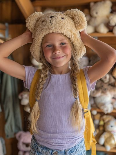 Happy Girl with Teddy Bear Hat — Kids Print. poster