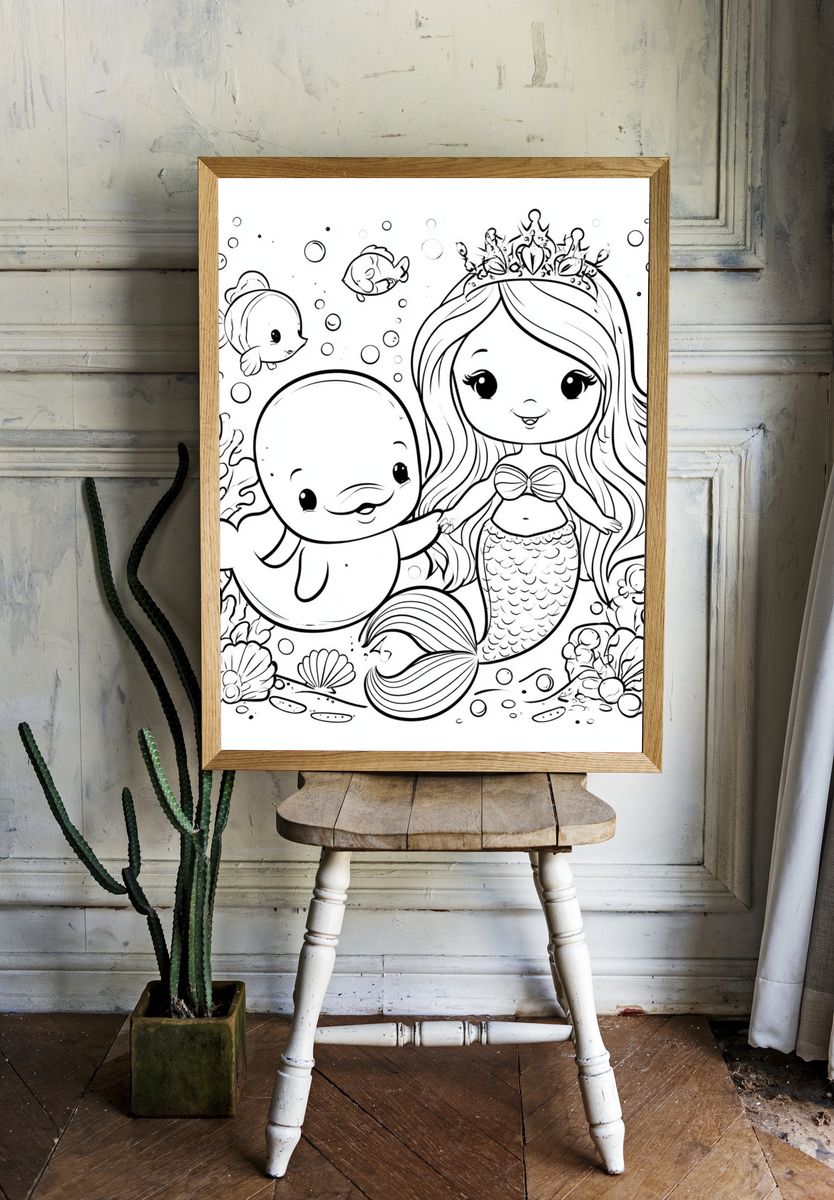 Cute Mermaid and Dolphin Coloring Poster. room preview