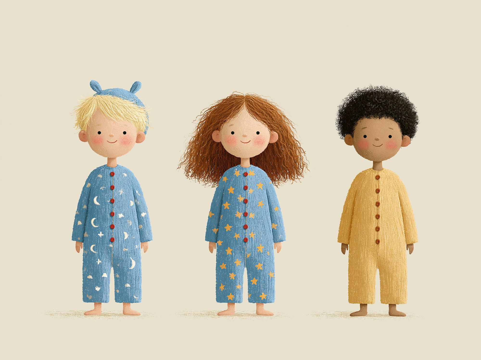 Three Children in Pajamas Illustration Print. poster — kids art