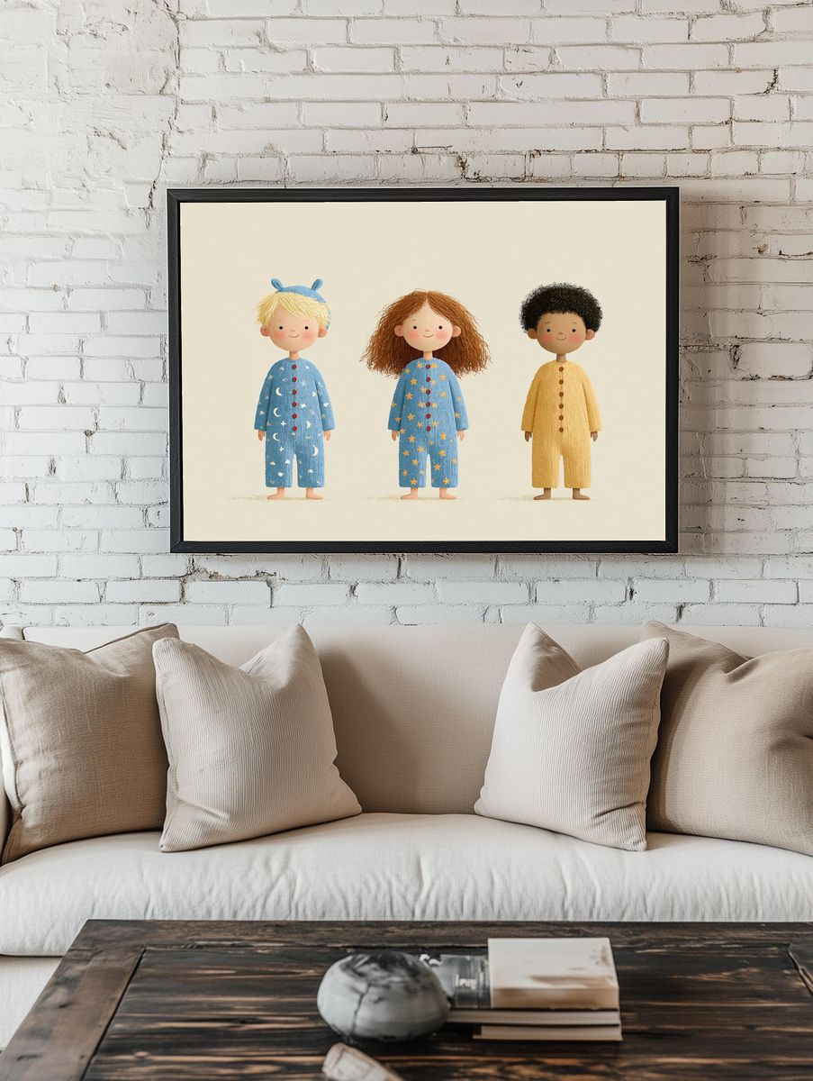 Three Children in Pajamas Illustration Print. room preview