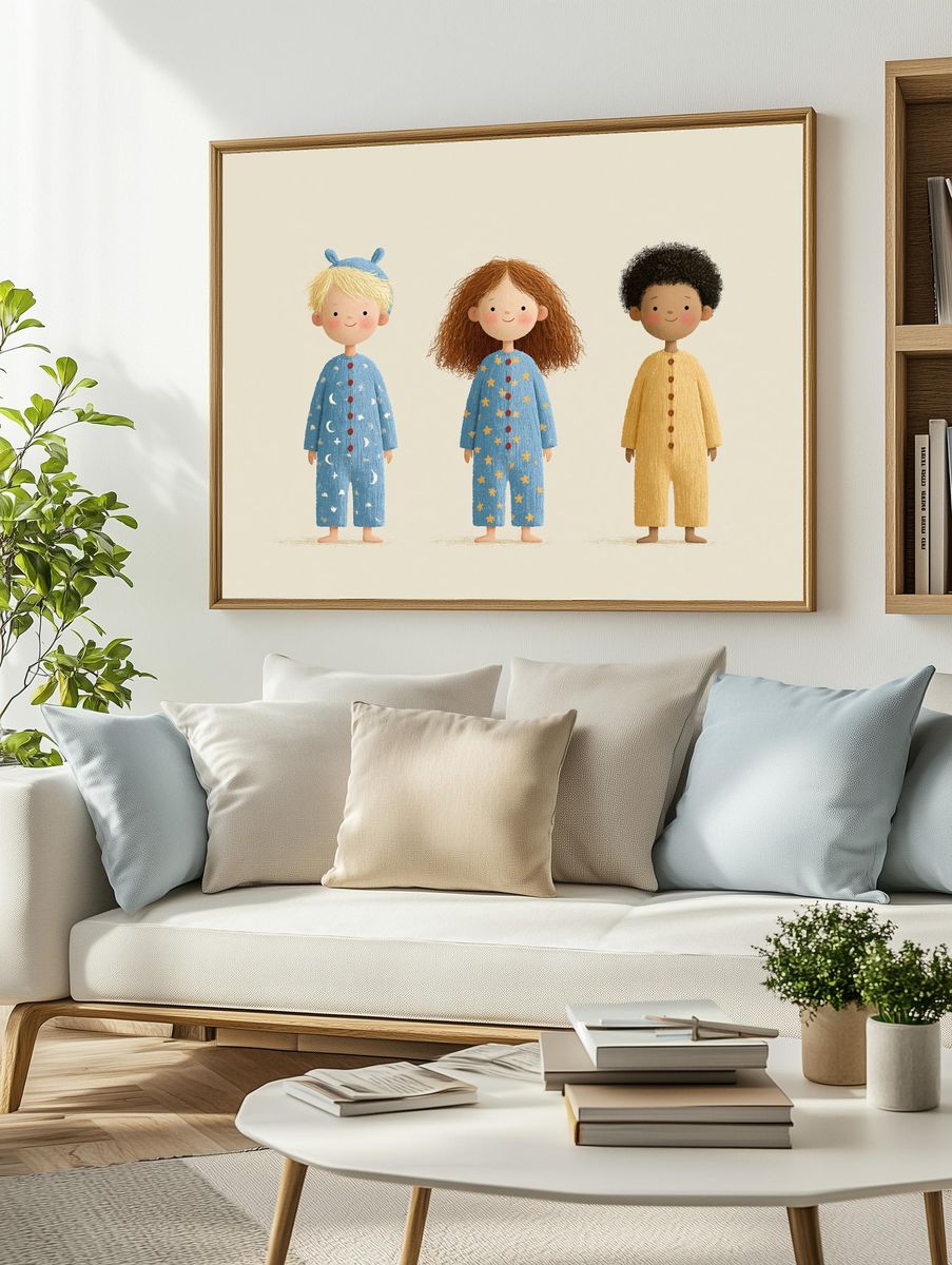 Three Children in Pajamas Illustration Print. — room view 2