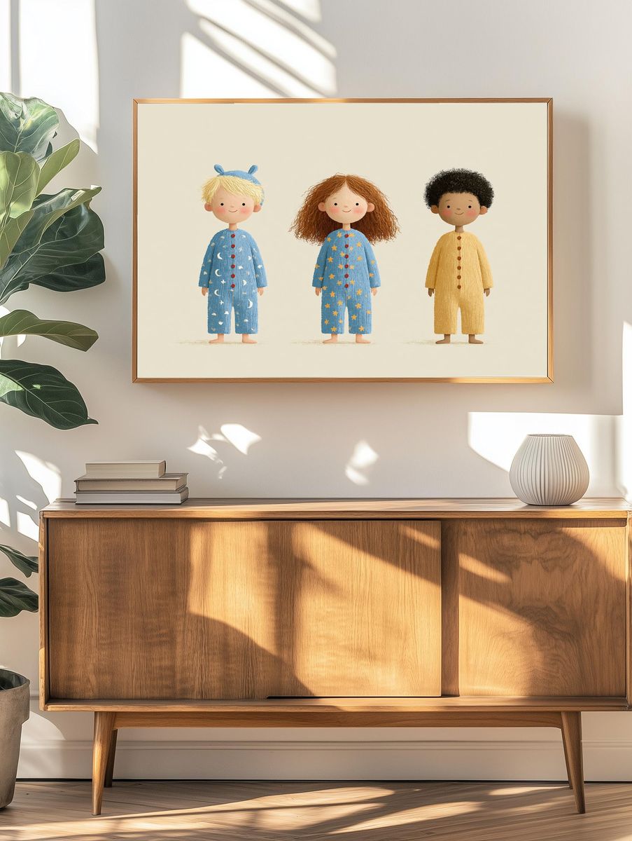 Three Children in Pajamas Illustration Print. — room view 3