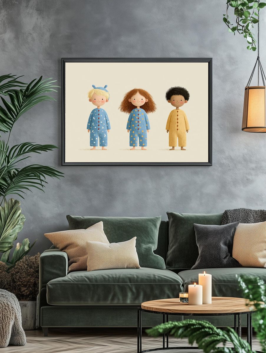 Three Children in Pajamas Illustration Print. — room view 4