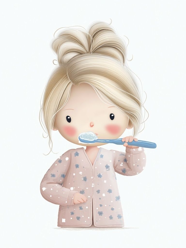 Blonde Girl Brushing Teeth Illustration Poster. poster — kids art