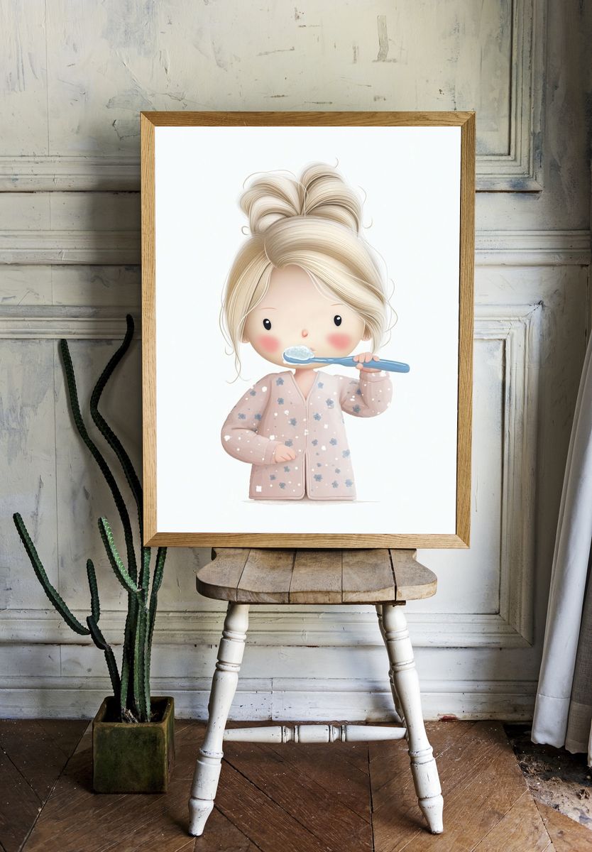 Blonde Girl Brushing Teeth Illustration Poster. room preview
